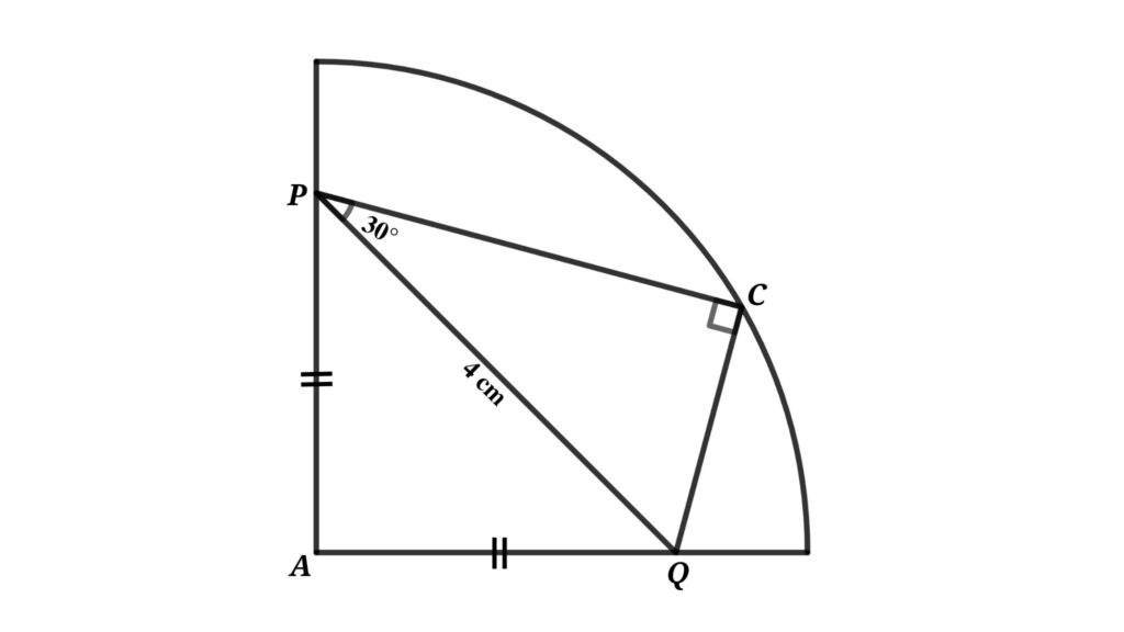 The hypotenuse of the right triangle is equal to 4 cm and an acute angle is 30 degrees. Right triangle is inscribed inside a quarter circle as shown in the figure, then find the area of the quarter circle
