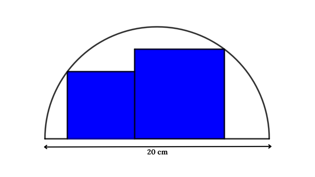  Find the sum of the area of two squares (blue region) shown below, here diameter of the semicircle is 20 cm