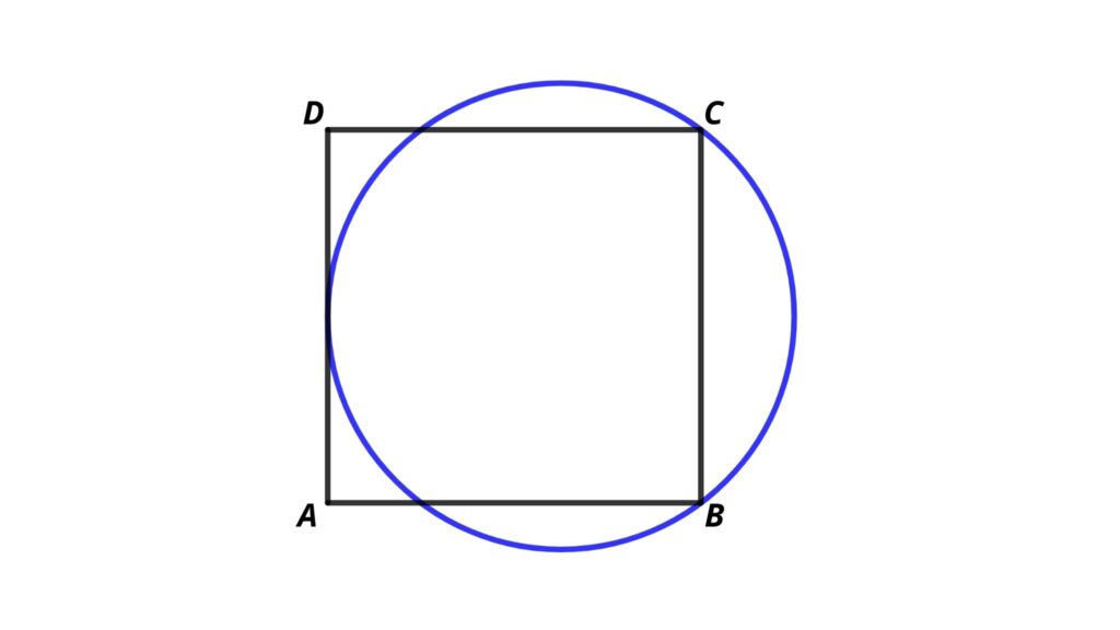 s the chord of a circle, and the opposite side is the tangent of the same circle. Find the area of the circle if the sides of the square are 8 cm