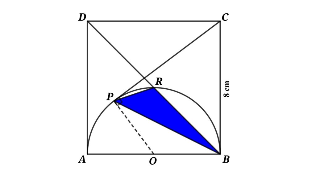 A semicircle is inscribed inside a square ABCD. Where BD is the diagonal of square and PC is the tangent of the semicircle. Then find the area of the blue triangle shown in the figure (Where side of the square equals  8 cm)