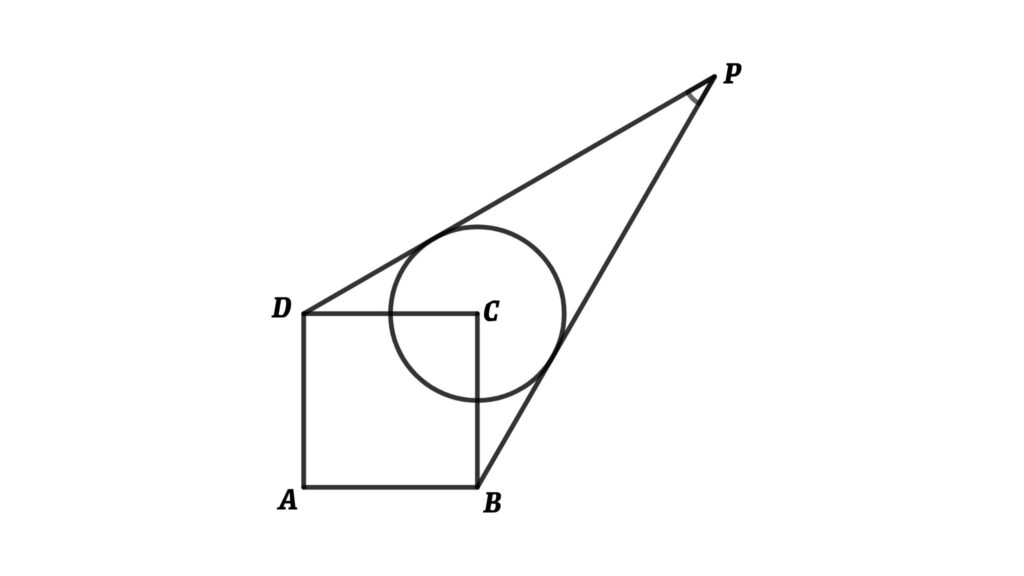 The figure shows a square ABCD, and draw a circle with a radius of half of the sides of the square and the centre of the square is at the corner of the square. PD and PB are tangents of the circle, then find the angle between the tangents of the circle. (Find ∠P)