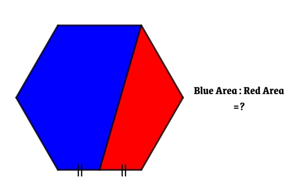 P is the mid-point of AB. Hexagon is divided into two geometry shapes through PD. then find the relation between Red Area and Blue Area