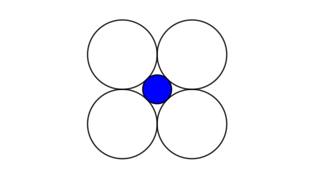 Geometry math problem: Figure shows 4 circles with a radius of 10 cm. The blue circle is tangent to all four circles then find the area of small circle